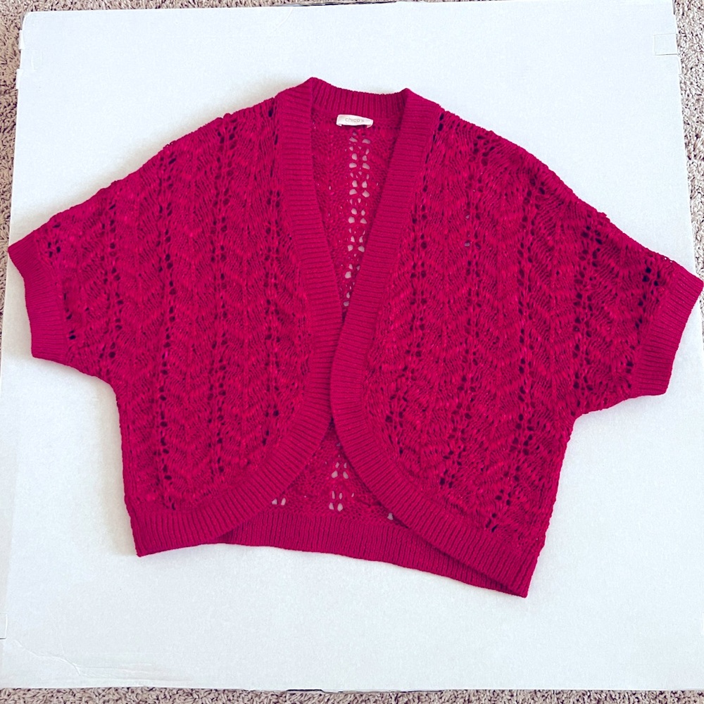 Chico’s crochet weave short sleeve shrug jacket sweater bright pink